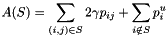 \[ A(S) = \sum_{(i,j) \in S} 2 \gamma p_{ij} + \sum_{i \notin S} p^u_i \]